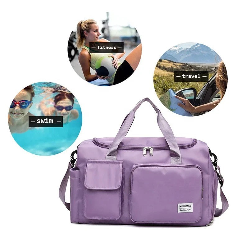 "Lila wasserdichte Reisetasche aus Oxford-Stoff, multifunktional, mit mehreren Fächern für Sport und Reisen."