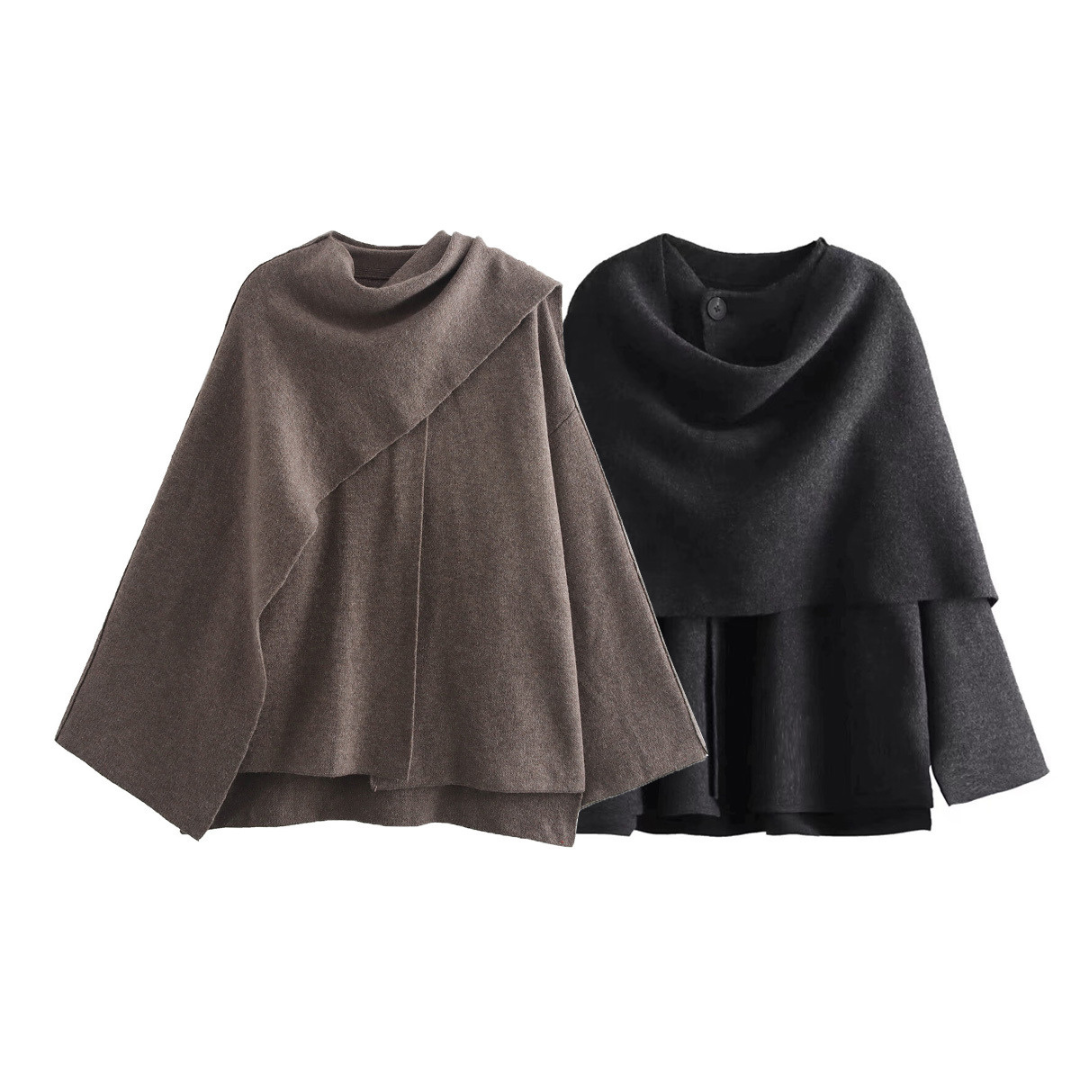 Moderner grauer Cape-Mantel für Frauen, eleganter Schnitt, dekorative Knöpfe, fließender Stoff, stilvoller Look.