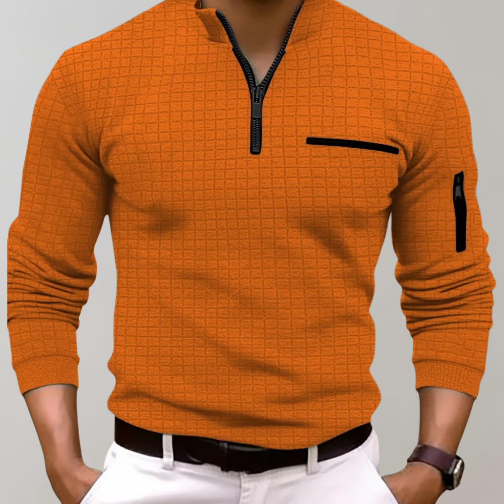 "Modernes langärmliges Herren-Poloshirt orange, atmungsaktiver Stoff, klassischer Kragen, sportliche Eleganz"