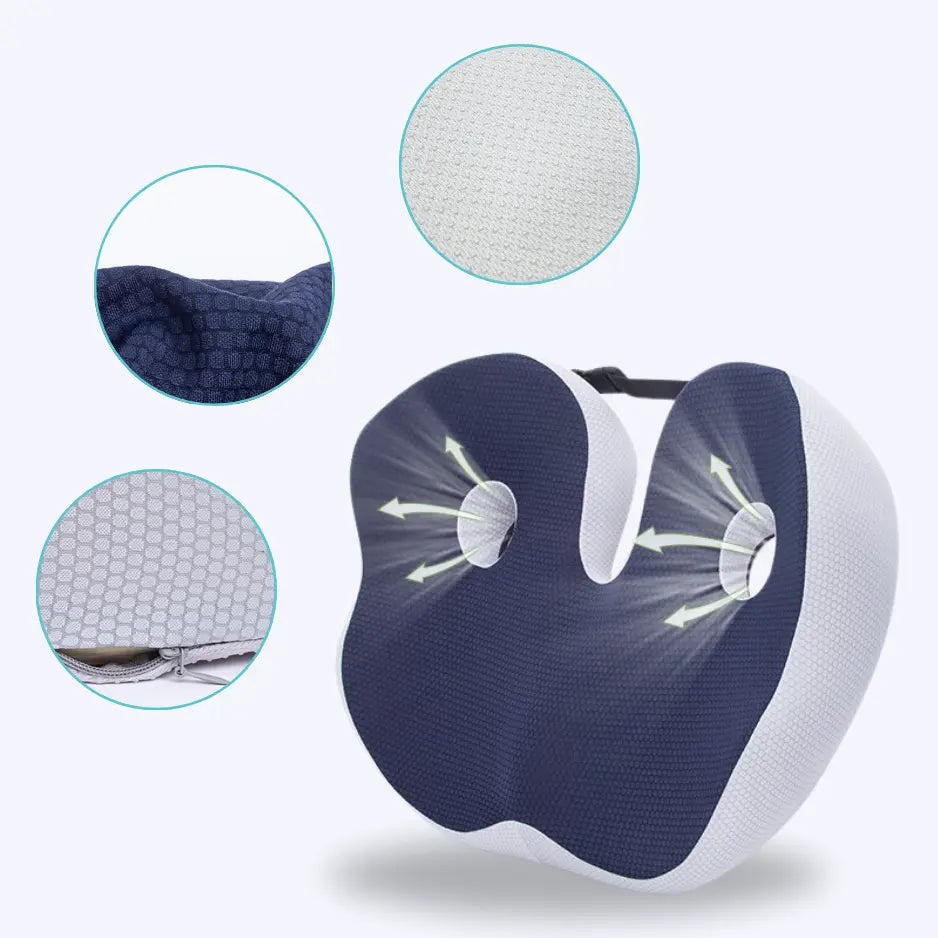 Orthopädisches Sitzkissen LumbarMed Pro, ergonomisch, grau-blau, mit Gurten, für Komfort und gesunde Sitzhaltung.