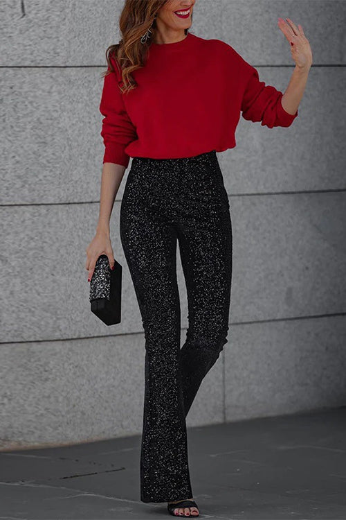 "Pailletten-Schlaghose dunkel-silber, elastischer Bund, glamourös glänzend, elegant und bequem für Damen"