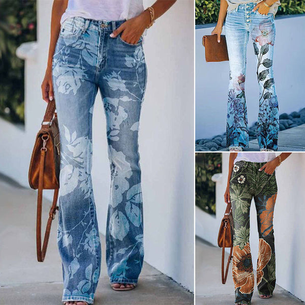 Retro 4-Knopf-Flare-Jeans, weites Bein, hochwertiger blauer Denim, zeitloser Look, Damenmode, Vintage-Stil, figurbetont.