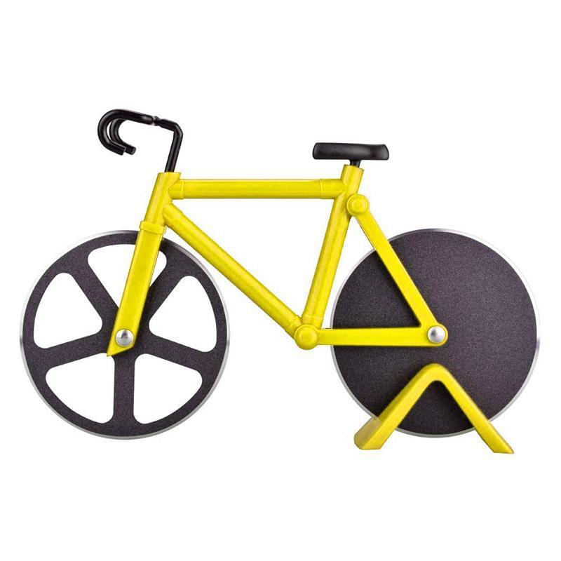 "RollCut Fahrrad-Pizzaschneider mit Edelstahlklingen und einzigartigem Design, farbenfrohes Mini-Fahrrad-Look."