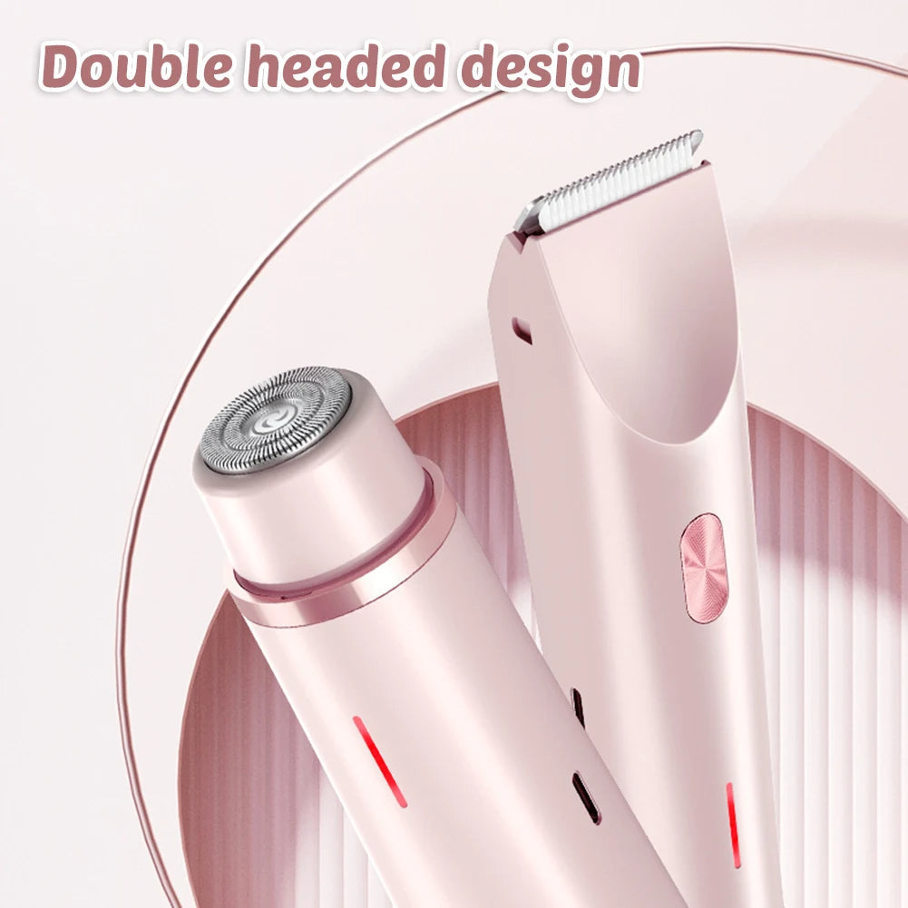 "Sanfter elektrischer Haartrimmer für Frauen, weiß-rosa Design, kabellos, doppelte Rasierköpfe, optimal für sensible Haut."