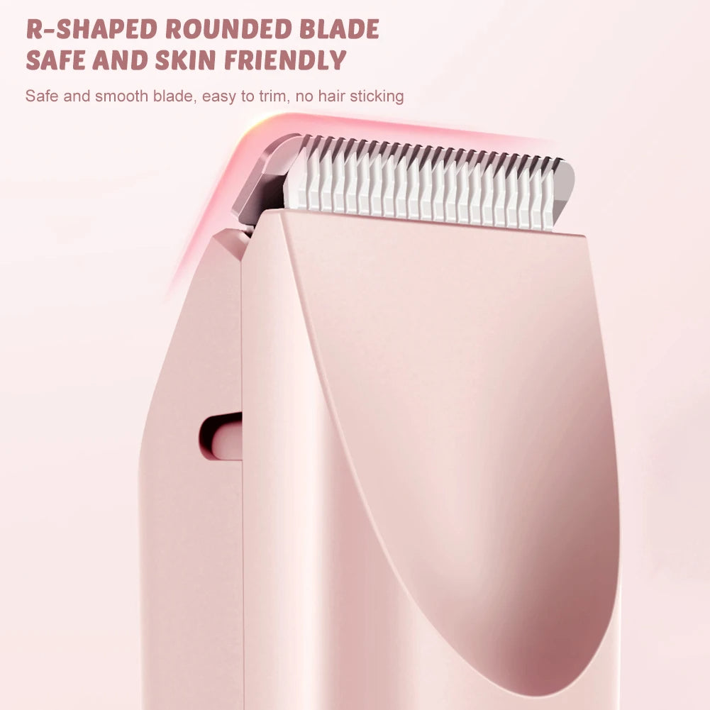 "Sanfter elektrischer Haartrimmer für Frauen, weiß-rosa Design, kabellos, doppelte Rasierköpfe, optimal für sensible Haut."
