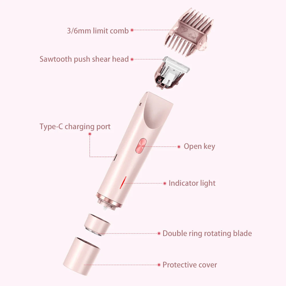 "Sanfter elektrischer Haartrimmer für Frauen, weiß-rosa Design, kabellos, doppelte Rasierköpfe, optimal für sensible Haut."