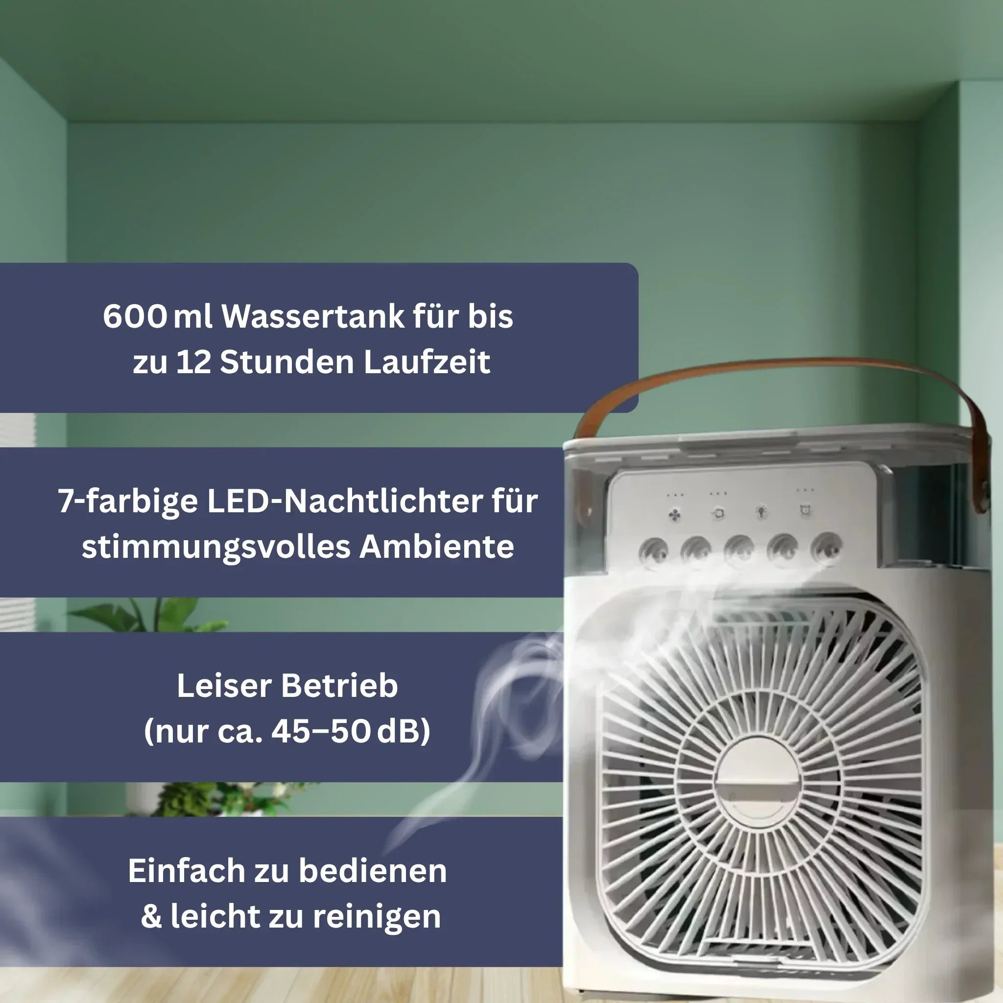 "Schwarz-Weiß AromaCool Ventilator mit Aroma-Technologie, kompakt, modern für Haus & Büro, erfrischender Duft."