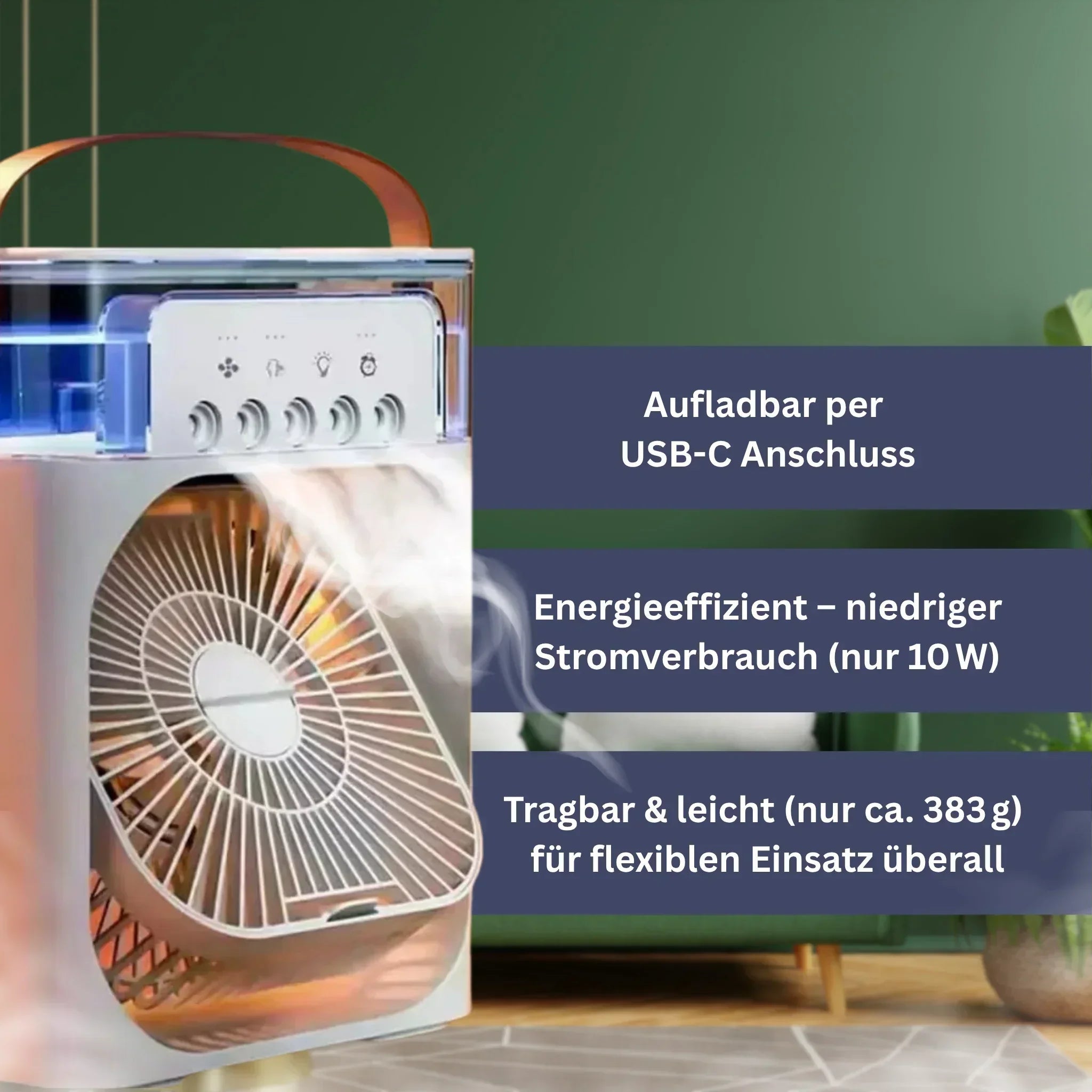 "Schwarz-Weiß AromaCool Ventilator mit Aroma-Technologie, kompakt, modern für Haus & Büro, erfrischender Duft."