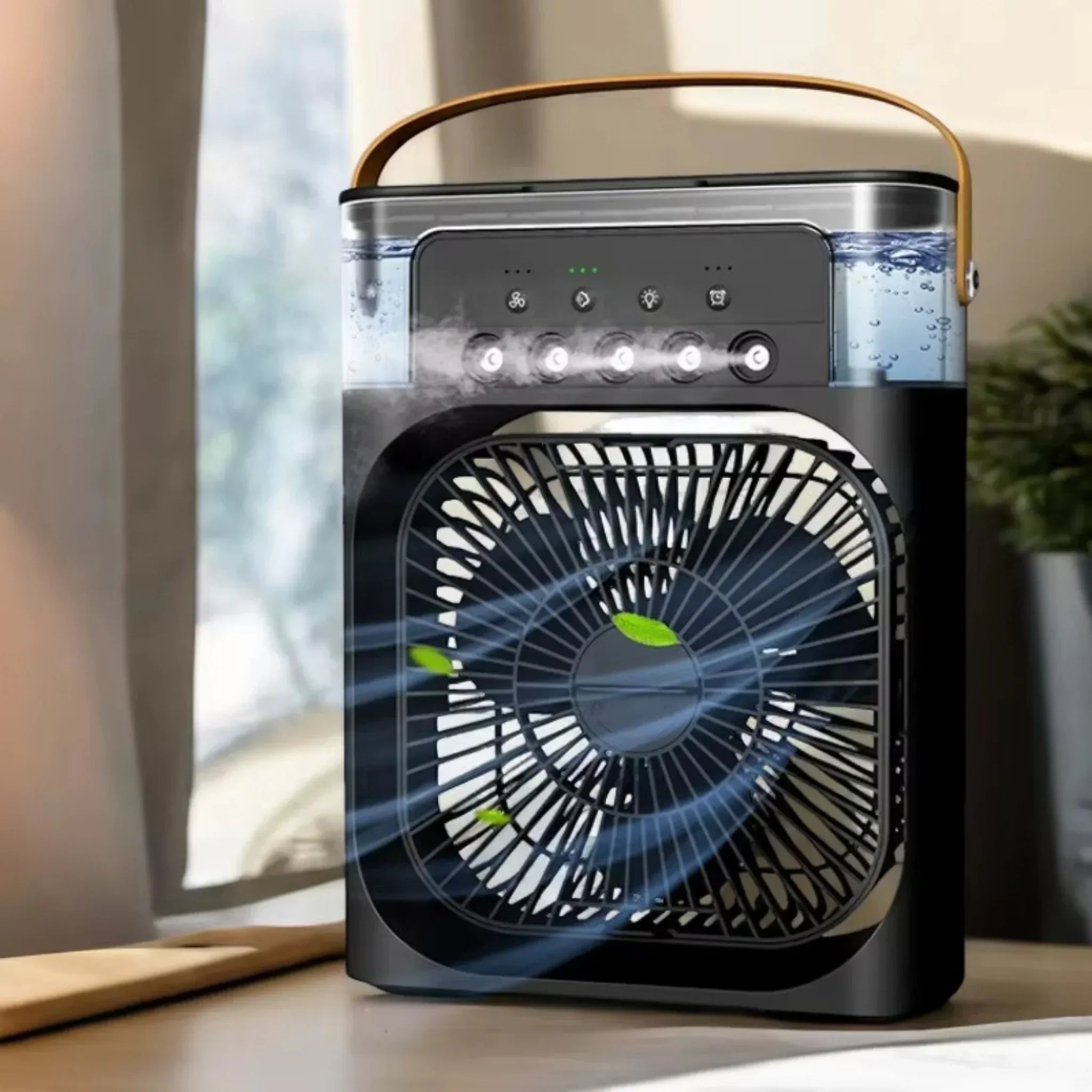 "Schwarz-Weiß AromaCool Ventilator mit Aroma-Technologie, kompakt, modern für Haus & Büro, erfrischender Duft."