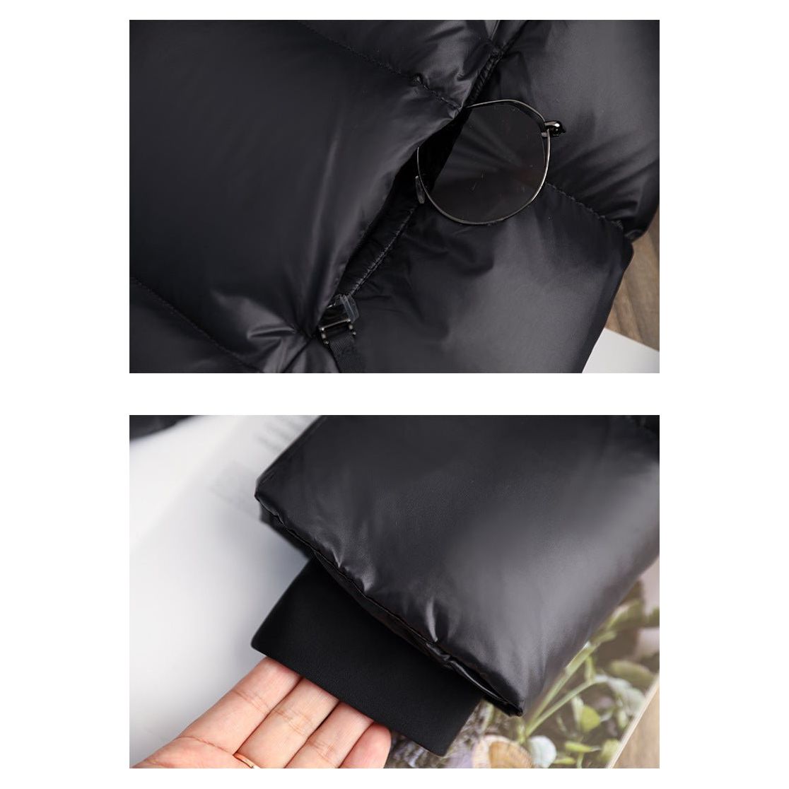 Schwarze Damen Winterjacke, elegant mit Kapuze und Daunenfüllung, urbaner Stil, warm und windabweisend für kalte Tage.