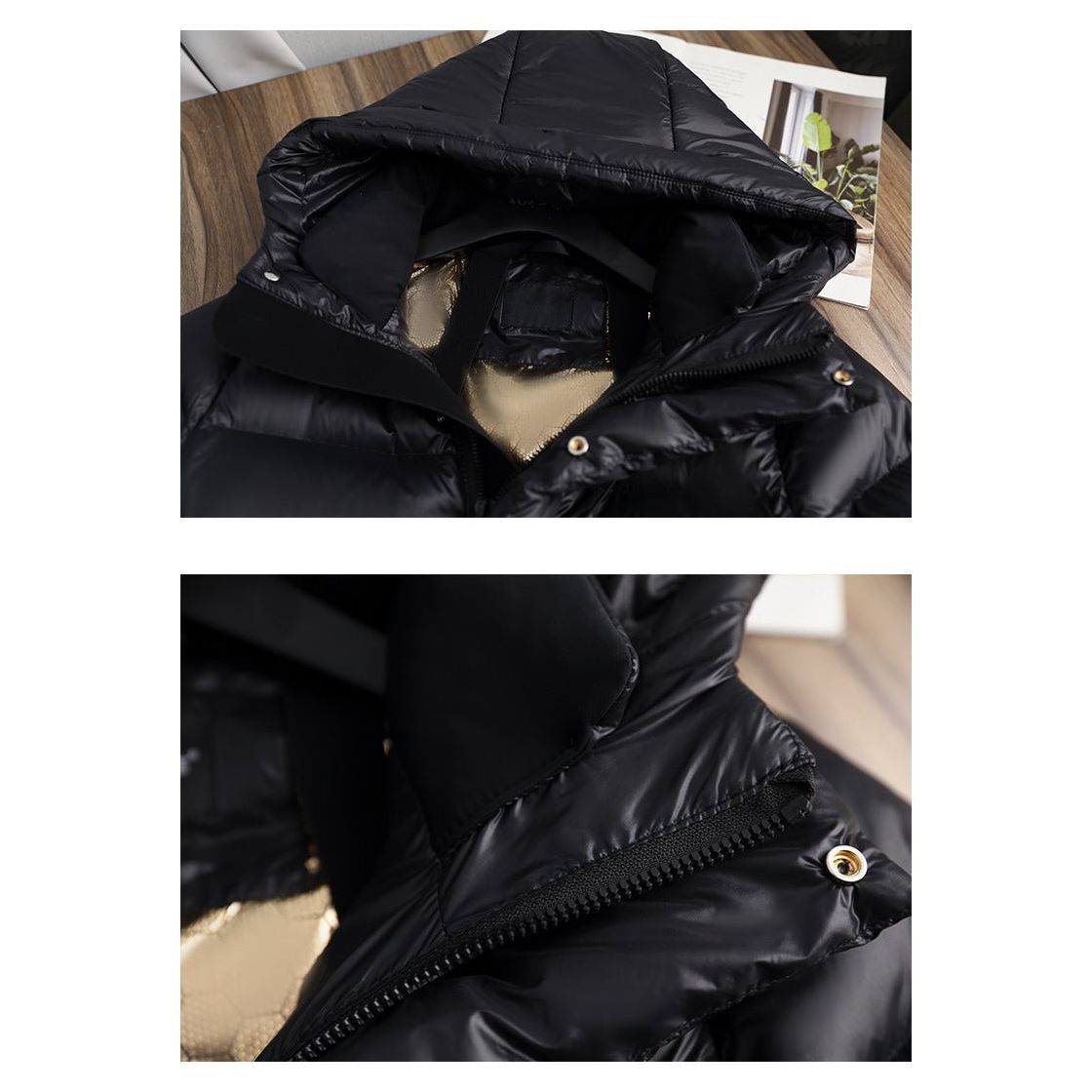 Schwarze Damen Winterjacke, elegant mit Kapuze und Daunenfüllung, urbaner Stil, warm und windabweisend für kalte Tage.