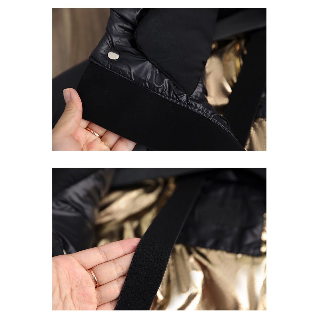 Schwarze Damen Winterjacke, elegant mit Kapuze und Daunenfüllung, urbaner Stil, warm und windabweisend für kalte Tage.
