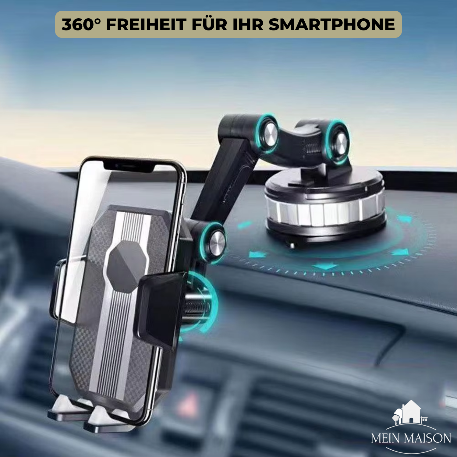 "Schwarze Handyhalterung mit Saugnapf, 360° drehbar, auf Armaturenbrett angebracht, passend für alle Smartphone-Größen."