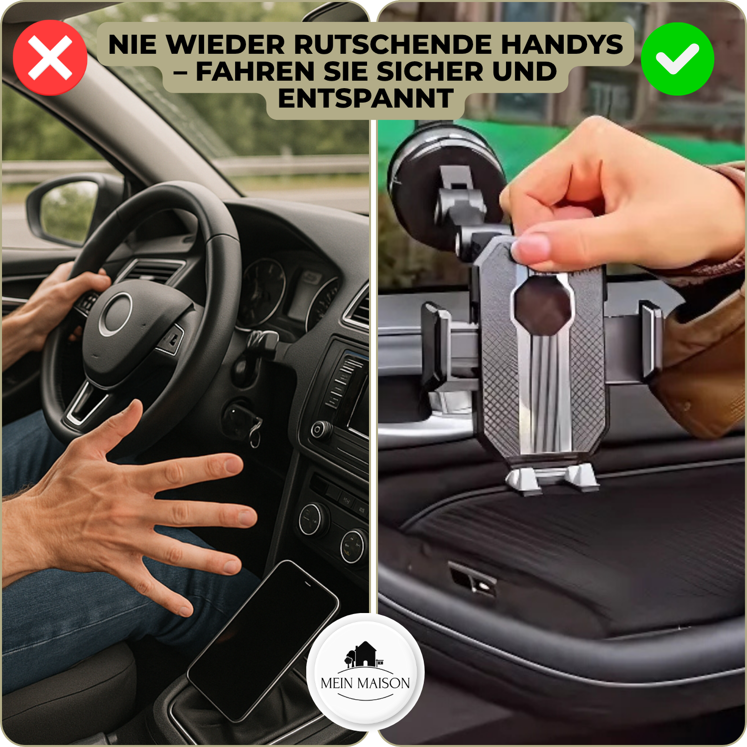 "Schwarze Handyhalterung mit Saugnapf, 360° drehbar, auf Armaturenbrett angebracht, passend für alle Smartphone-Größen."