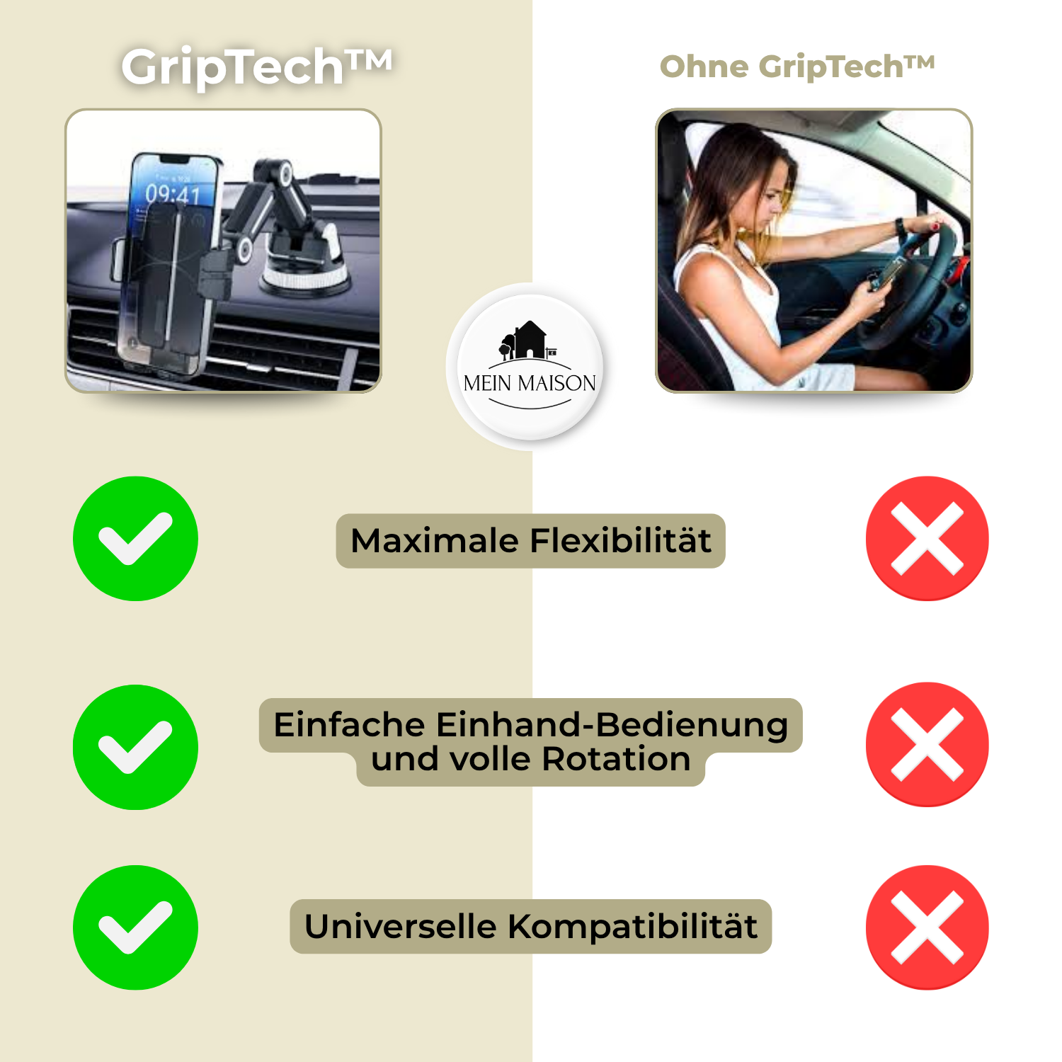 "Schwarze Handyhalterung mit Saugnapf, 360° drehbar, auf Armaturenbrett angebracht, passend für alle Smartphone-Größen."