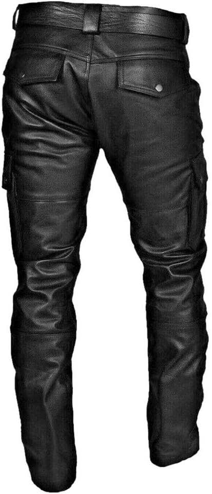 Schwarze Leder Motorradhose für Männer mit Cargotaschen, robustem Design und verstellbaren Details für optimalen Komfort.
