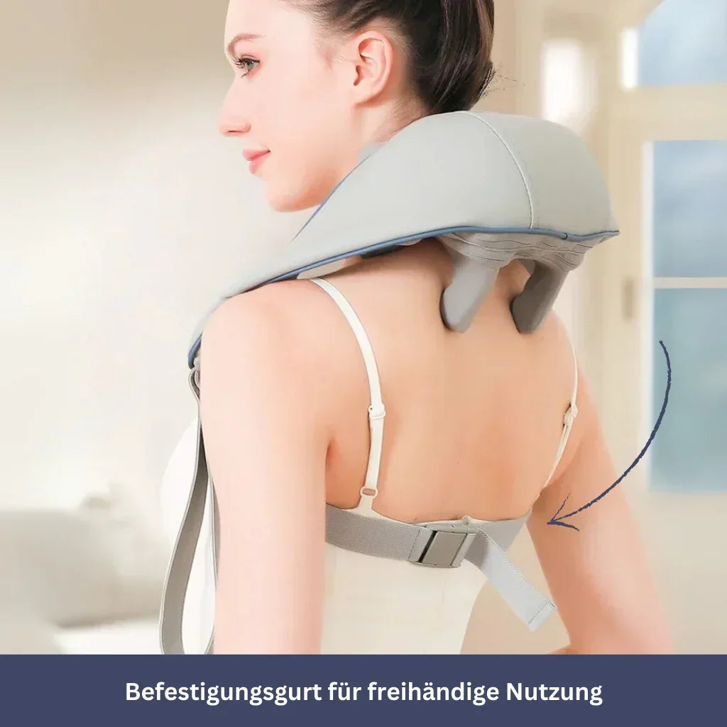 "Shiatsu-Massagematte in Beige und Grau, kompakt, für entspannte Muskelmassage zuhause. Benutzerfreundlich, elegant."