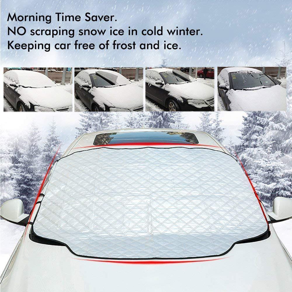"Silberne magnetische Windschutzscheibenabdeckung auf Auto, schützt vor Schnee, Eis, UV-Strahlen und spart Kratzzeit."