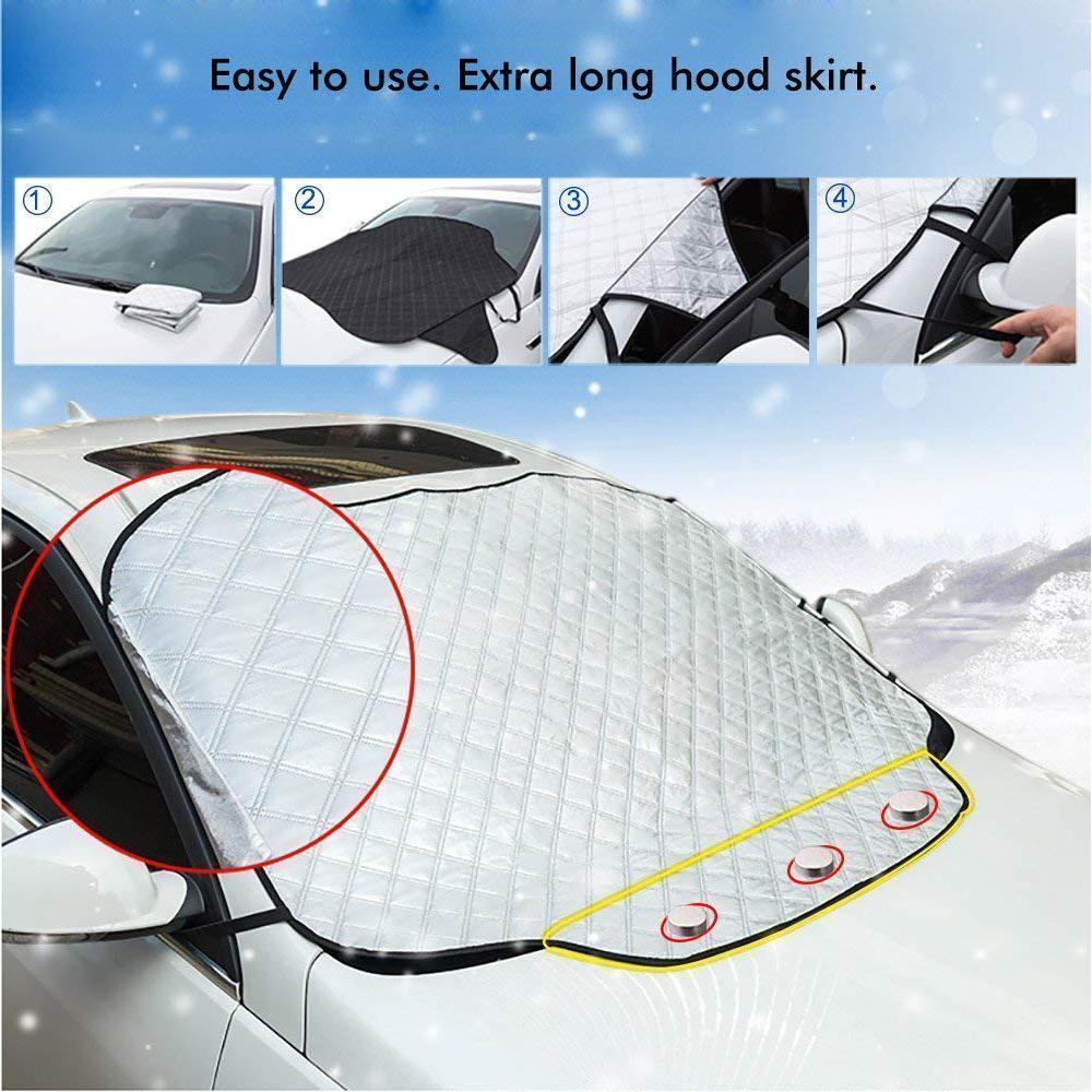 "Silberne magnetische Windschutzscheibenabdeckung auf Auto, schützt vor Schnee, Eis, UV-Strahlen und spart Kratzzeit."