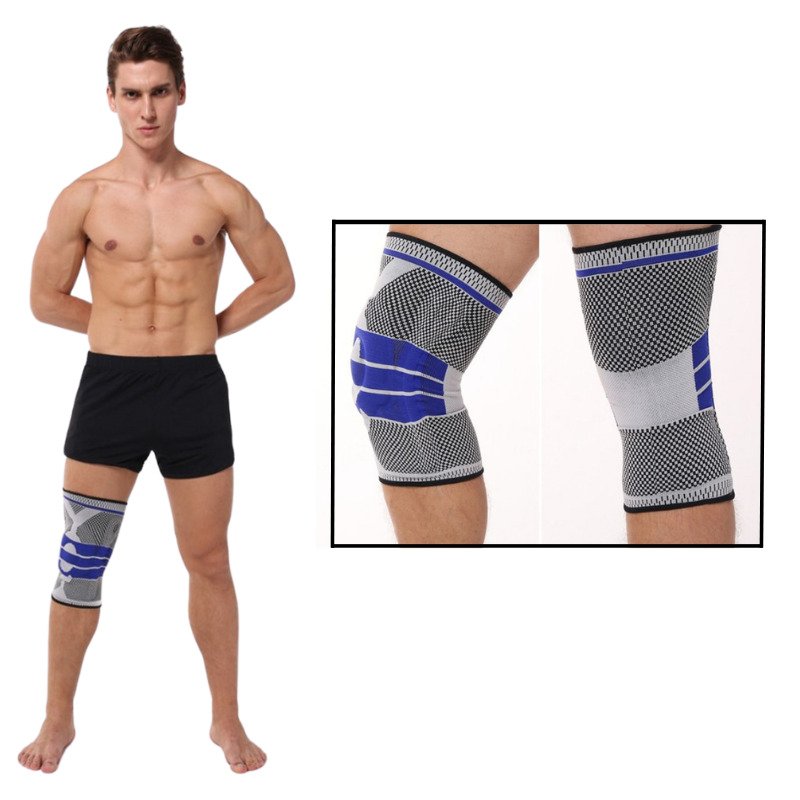 "Silikon Kniebandage mit gepolstertem Kompressionsring, stabilisierenden Federn und Gelpad in Grau, Rot oder Schwarz."