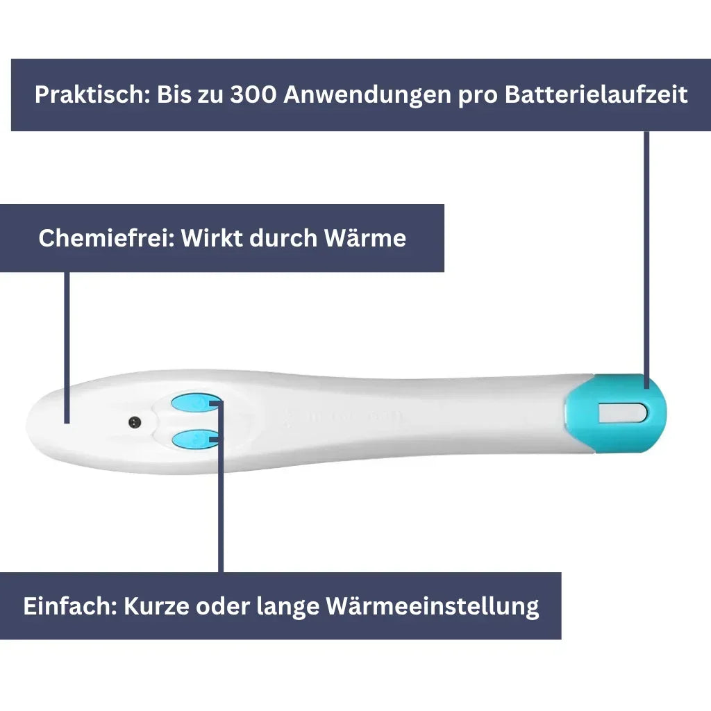 "Stichheiler ThermoRelief in Nahaufnahme, kompaktes Design, für schnelle Schmerzlinderung bei Insektenstichen geeignet."