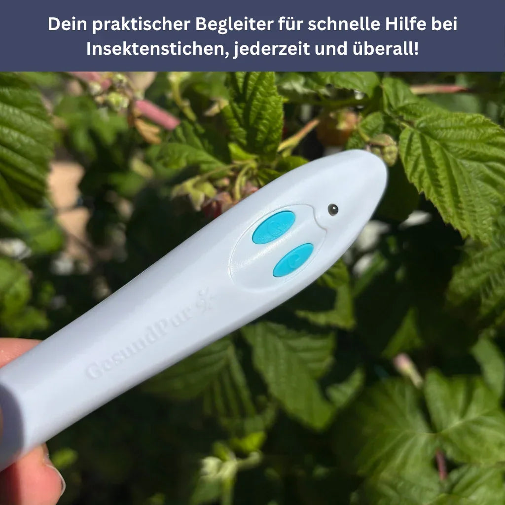 "Stichheiler ThermoRelief in Nahaufnahme, kompaktes Design, für schnelle Schmerzlinderung bei Insektenstichen geeignet."