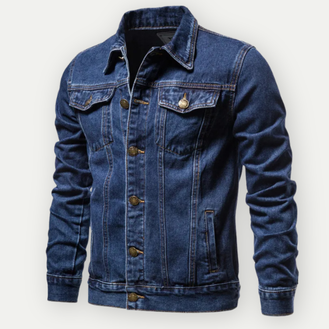 "Stilvolle Damen Jeans Trucker Jacke in Blau, robuste Frontansicht, vielseitig kombinierbar für Alltag und besondere Anlässe.