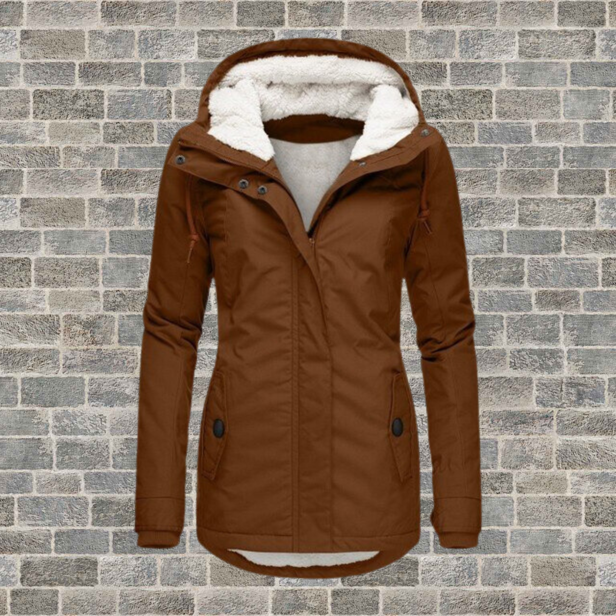 Stilvoller Baumwollmantel Damen, plissiert mit Teddy-Kapuze, Frontansicht, eleganter Wintermantel für Spaziergänge.