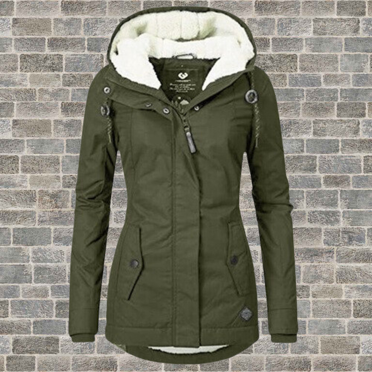 Stilvoller Baumwollmantel Damen, plissiert mit Teddy-Kapuze, Frontansicht, eleganter Wintermantel für Spaziergänge.