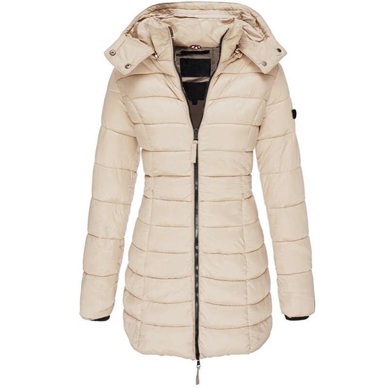 Superwarme Damen-Daunenjacke mit Kapuze und Reißverschluss in Rot, isolierend und stilvoll für Herbst- und Wintertage.