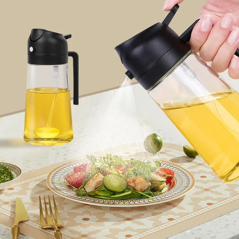 "Transparente 2in1 Ölsprayflasche mit feiner Zerstäubung, ideal für kalorienarmes Kochen und gleichmäßige Ölverteilung"