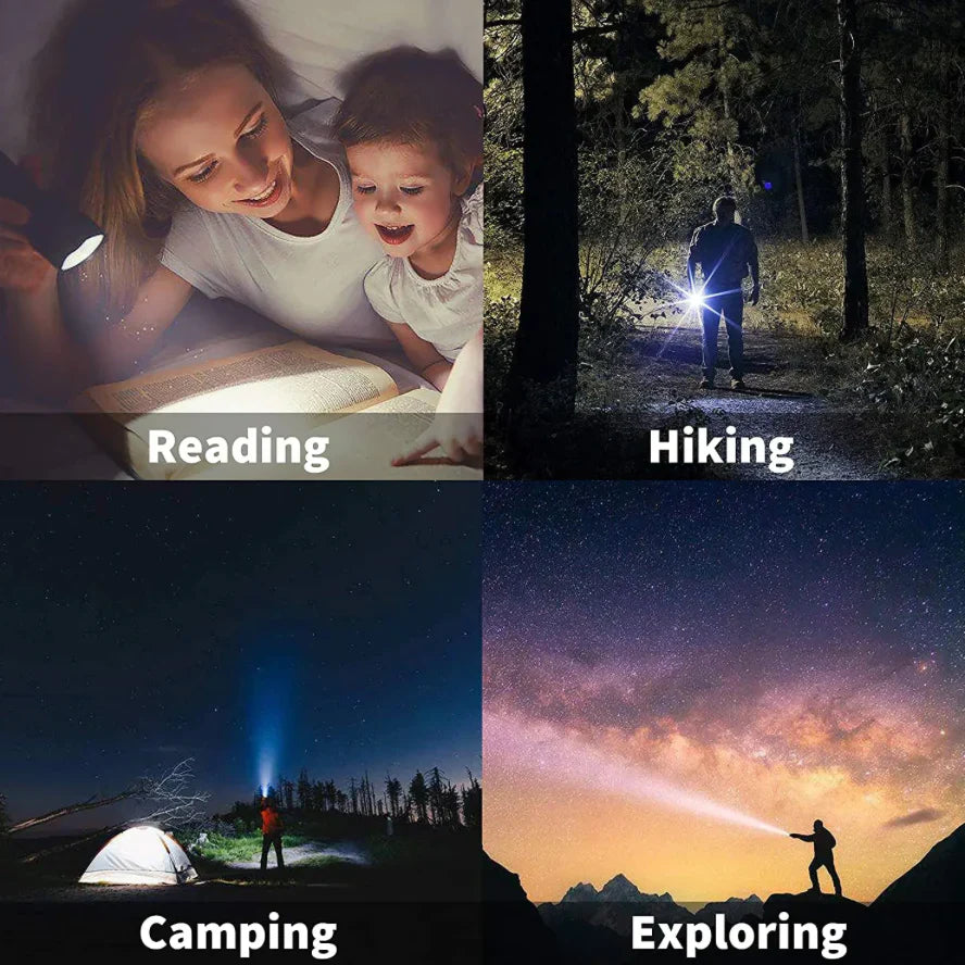 "Ultrahelle LED Taschenlampe mit 1000 Lumen, wetterfest, robustem Gehäuse und Zoomfunktion, ideal für Outdoor-Abenteuer."