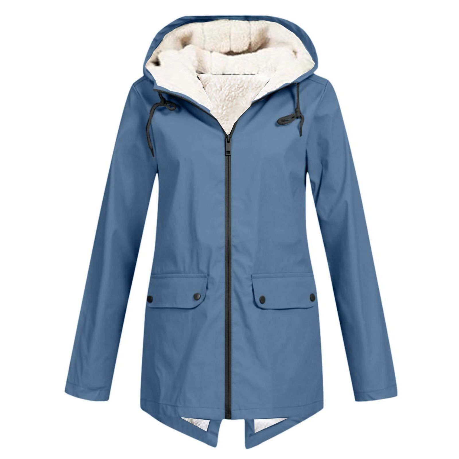 Wasserdichte Damen Regenjacke mit Fleece-Futter, verstellbarer Kapuze und Taschen in elegantem Blau für Outdoor-Abenteuer.