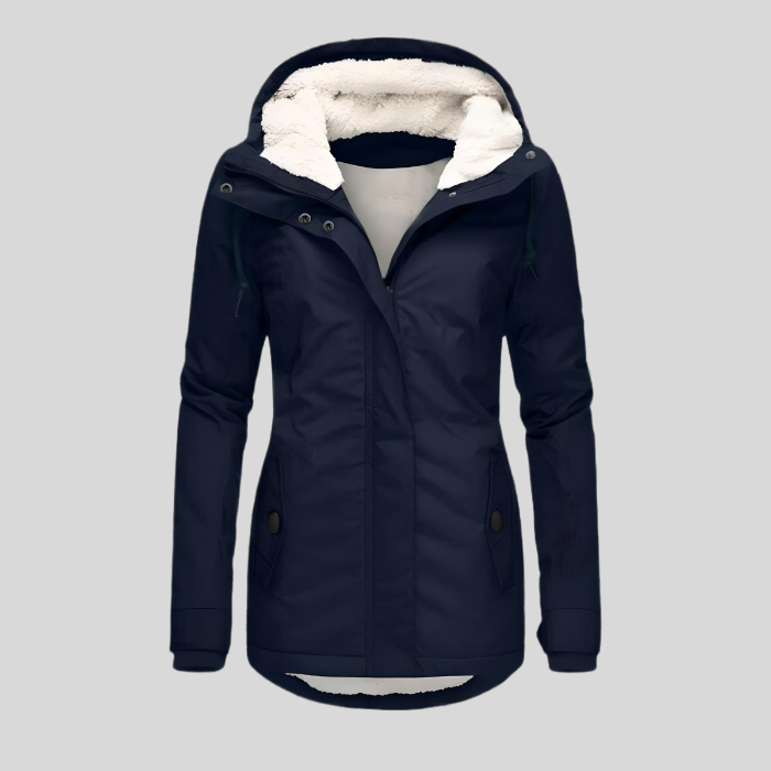 "Wasserdichte Damen Winterjacke, lang geschnitten mit Kapuze, warm gefüttert, ideal für Komfort und Stil im Winter."