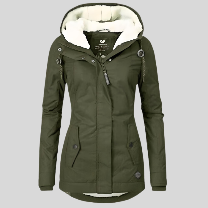 "Wasserdichte Damen Winterjacke, lang geschnitten mit Kapuze, warm gefüttert, ideal für Komfort und Stil im Winter."