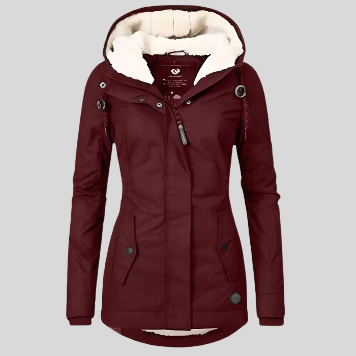 "Wasserdichte Damen Winterjacke, lang geschnitten mit Kapuze, warm gefüttert, ideal für Komfort und Stil im Winter."