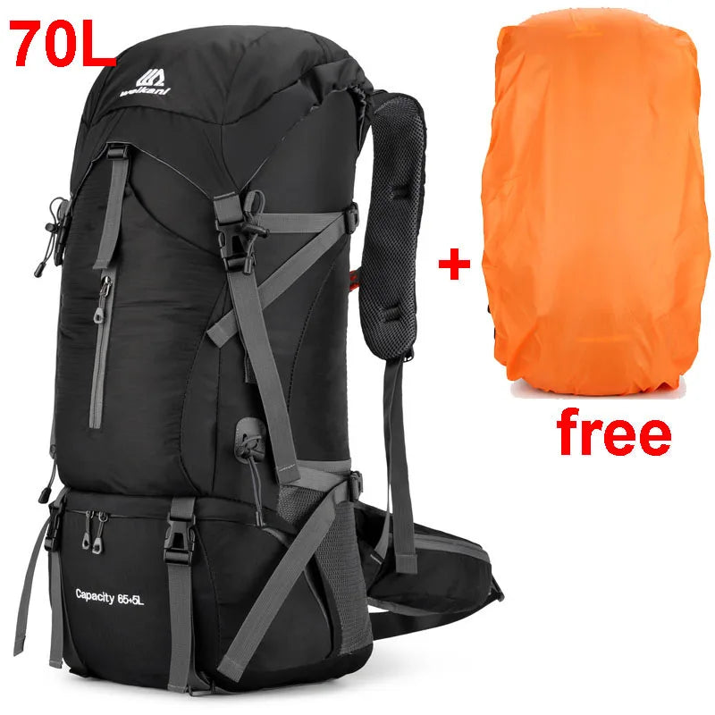 "Wasserdichter 70L Trekkingrucksack in Dunkelgrün, robustes Nylon, mit Regenschutz und Polsterung für langen Tragekomfort"