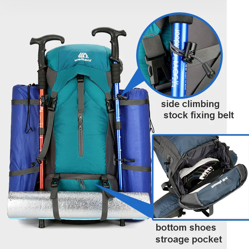 "Wasserdichter 70L Trekkingrucksack in Dunkelgrün, robustes Nylon, mit Regenschutz und Polsterung für langen Tragekomfort"