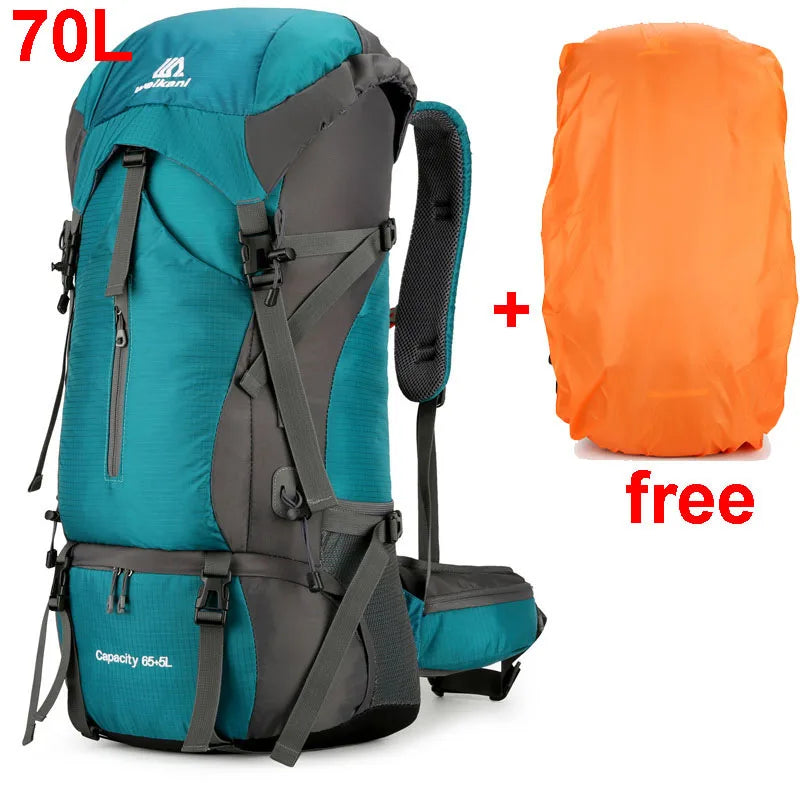 "Wasserdichter 70L Trekkingrucksack in Dunkelgrün, robustes Nylon, mit Regenschutz und Polsterung für langen Tragekomfort"