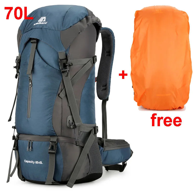 "Wasserdichter 70L Trekkingrucksack in Dunkelgrün, robustes Nylon, mit Regenschutz und Polsterung für langen Tragekomfort"