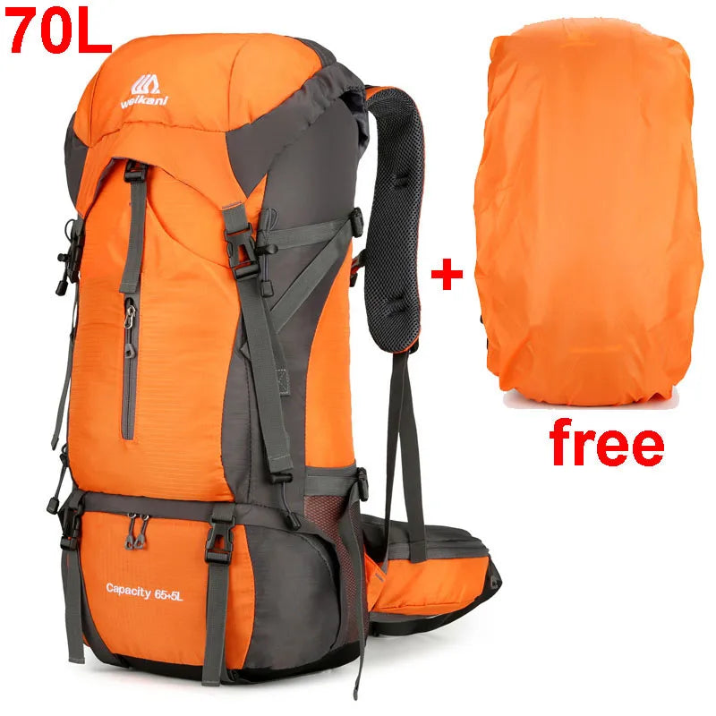 "Wasserdichter 70L Trekkingrucksack in Dunkelgrün, robustes Nylon, mit Regenschutz und Polsterung für langen Tragekomfort"