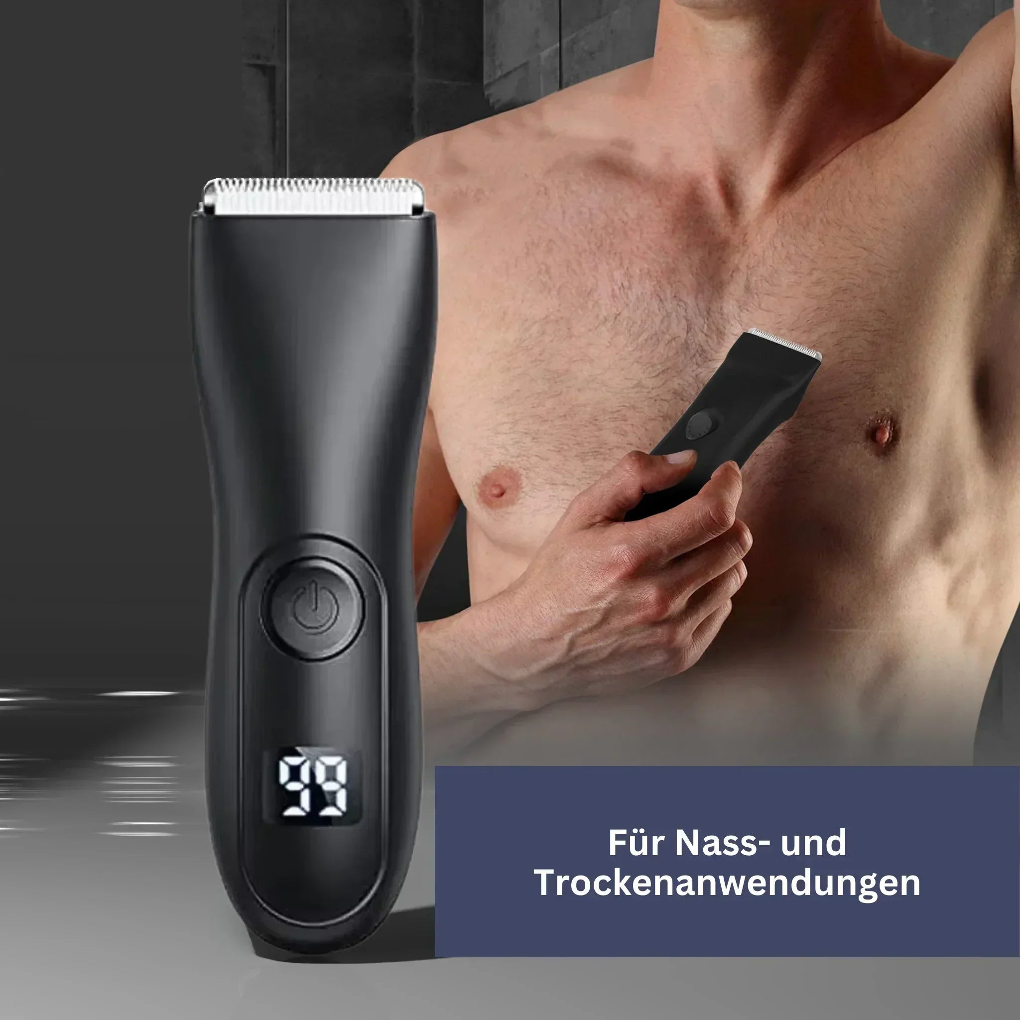 "Wasserdichter Präzisionstrimmer für Körperpflege, ergonomisch, wiederaufladbar, für trockene und nasse Anwendung geeignet."