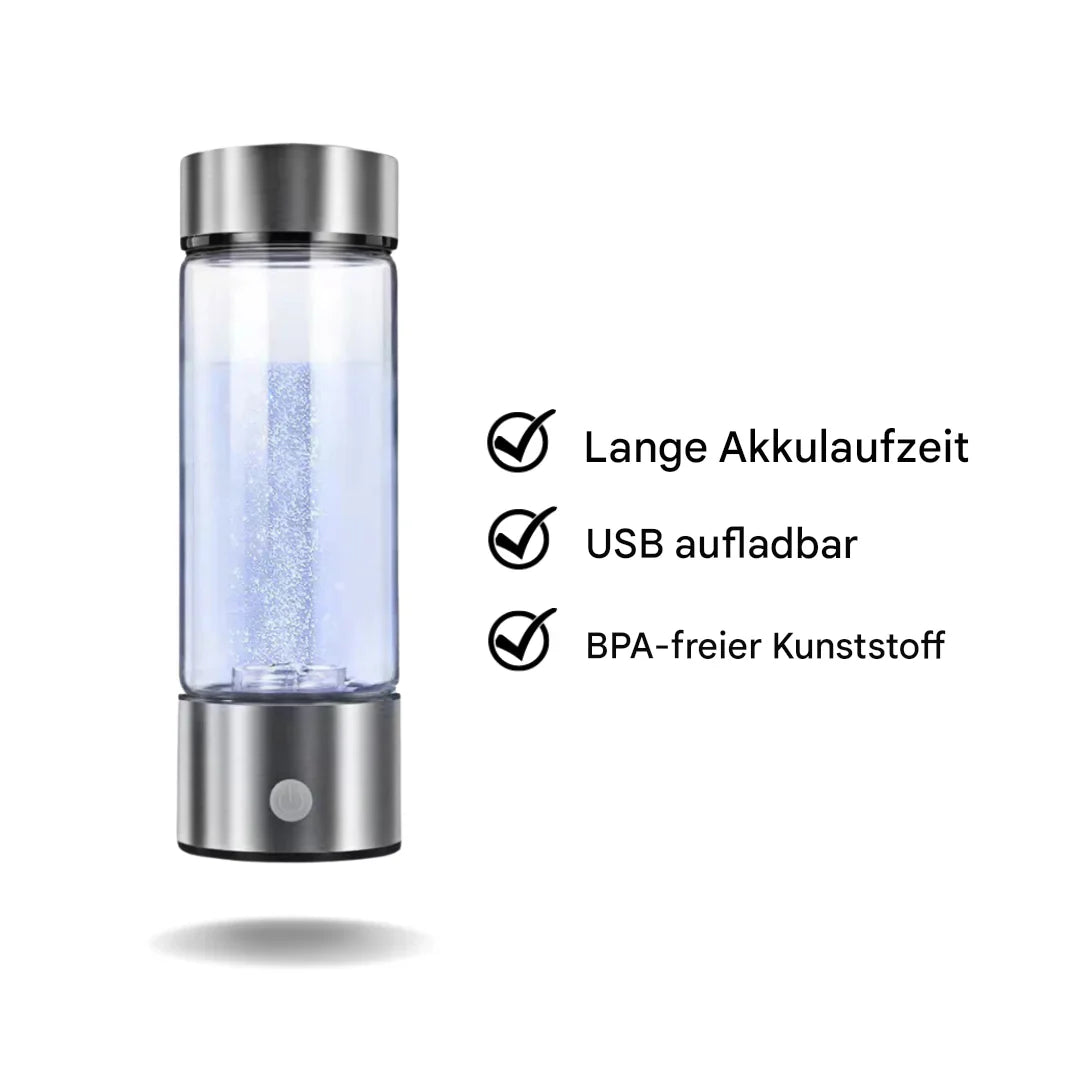 "Wasserstoff-Wasserflasche USB aus Borosilikatglas in Blau, für optimale Hydratation und antioxidative Vorteile, stilvoll und