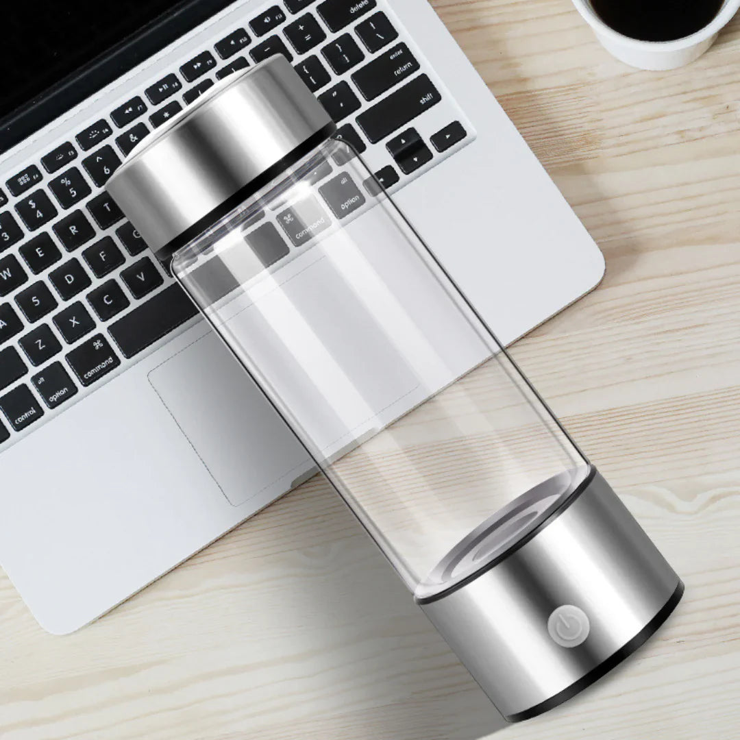 "Wasserstoff-Wasserflasche USB aus Borosilikatglas in Blau, für optimale Hydratation und antioxidative Vorteile, stilvoll und