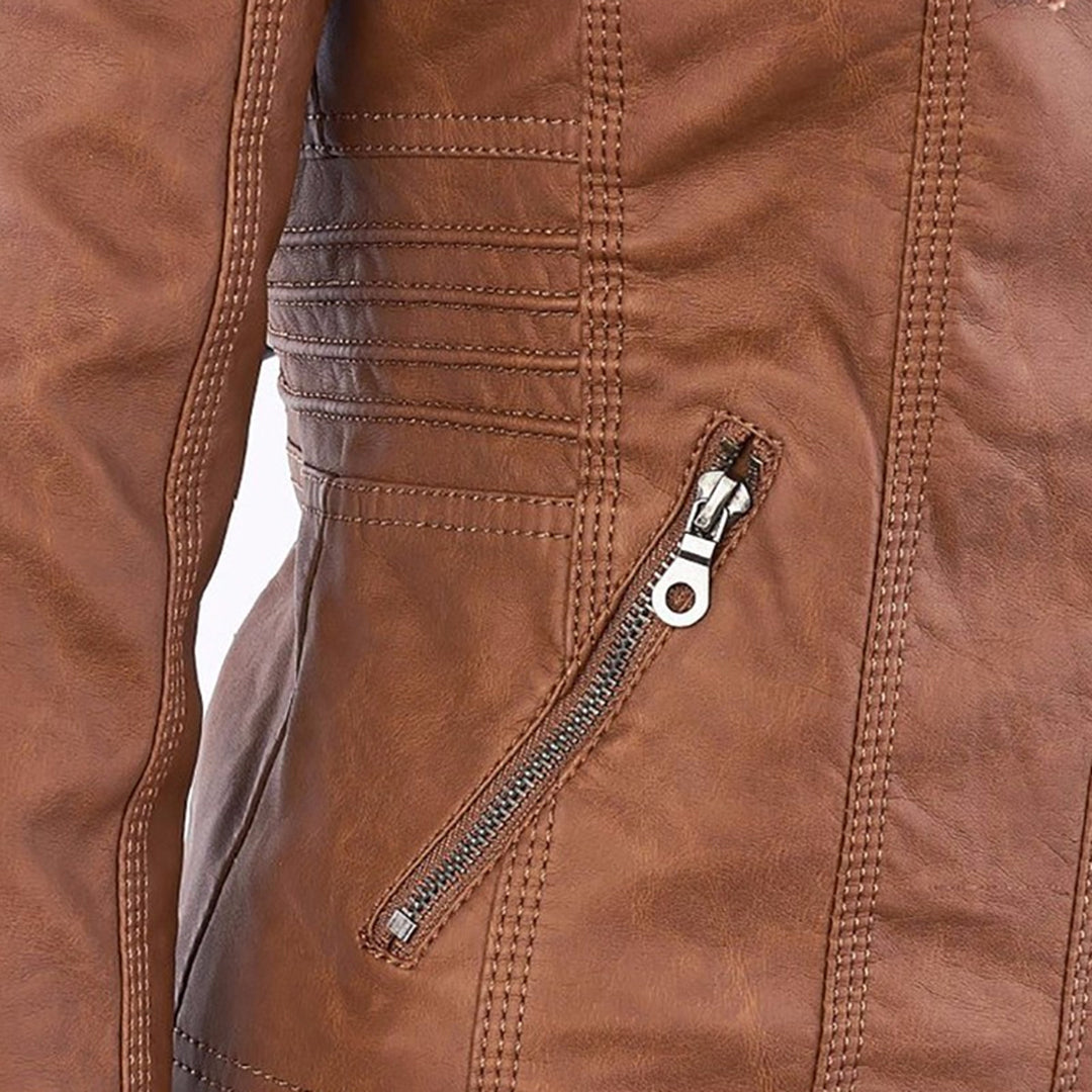 "Wetterfeste Damen Lederjacke mit Kapuze in Schwarz, klassisches Design, elegant und funktional für alle Jahreszeiten."