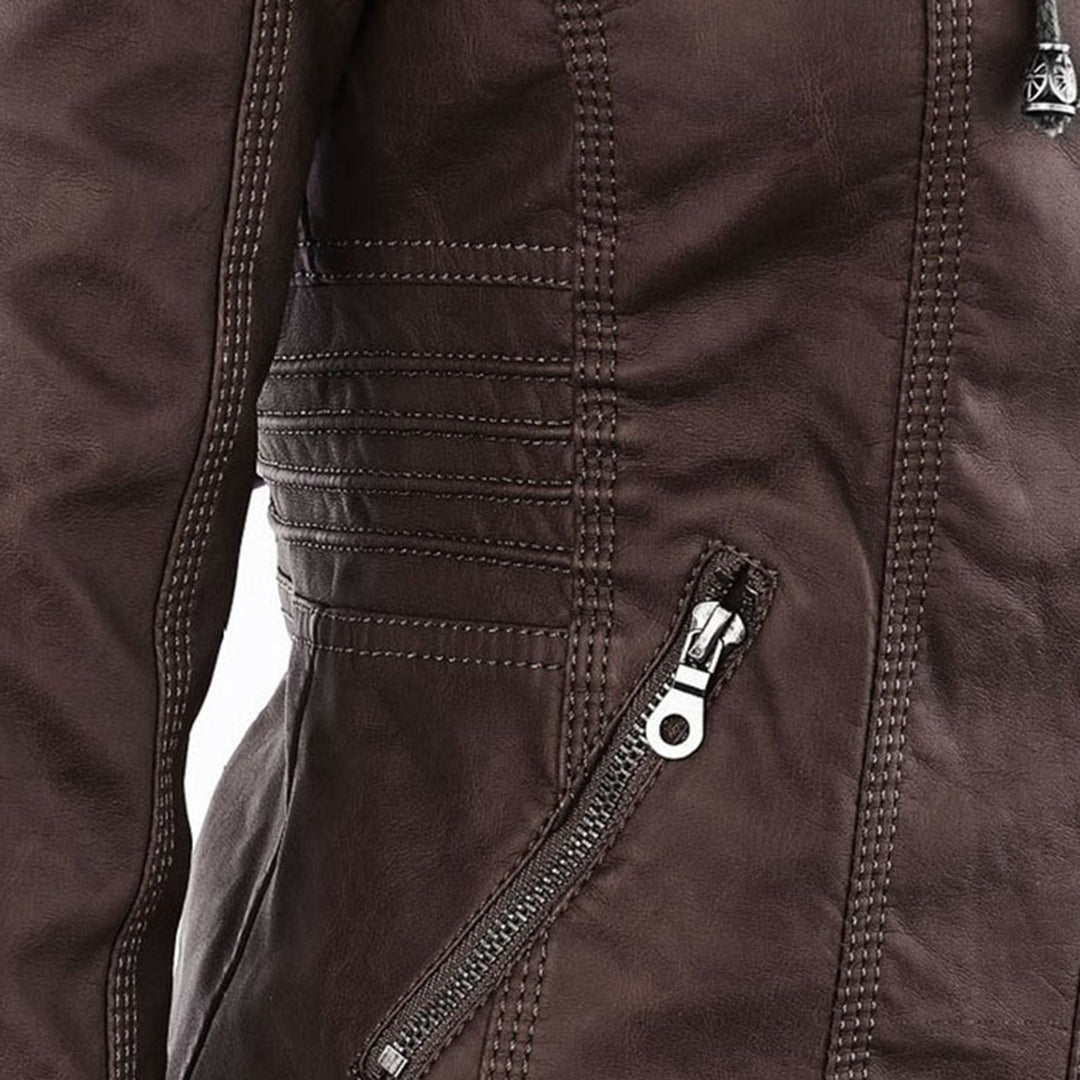 "Wetterfeste Damen Lederjacke mit Kapuze in Schwarz, klassisches Design, elegant und funktional für alle Jahreszeiten."