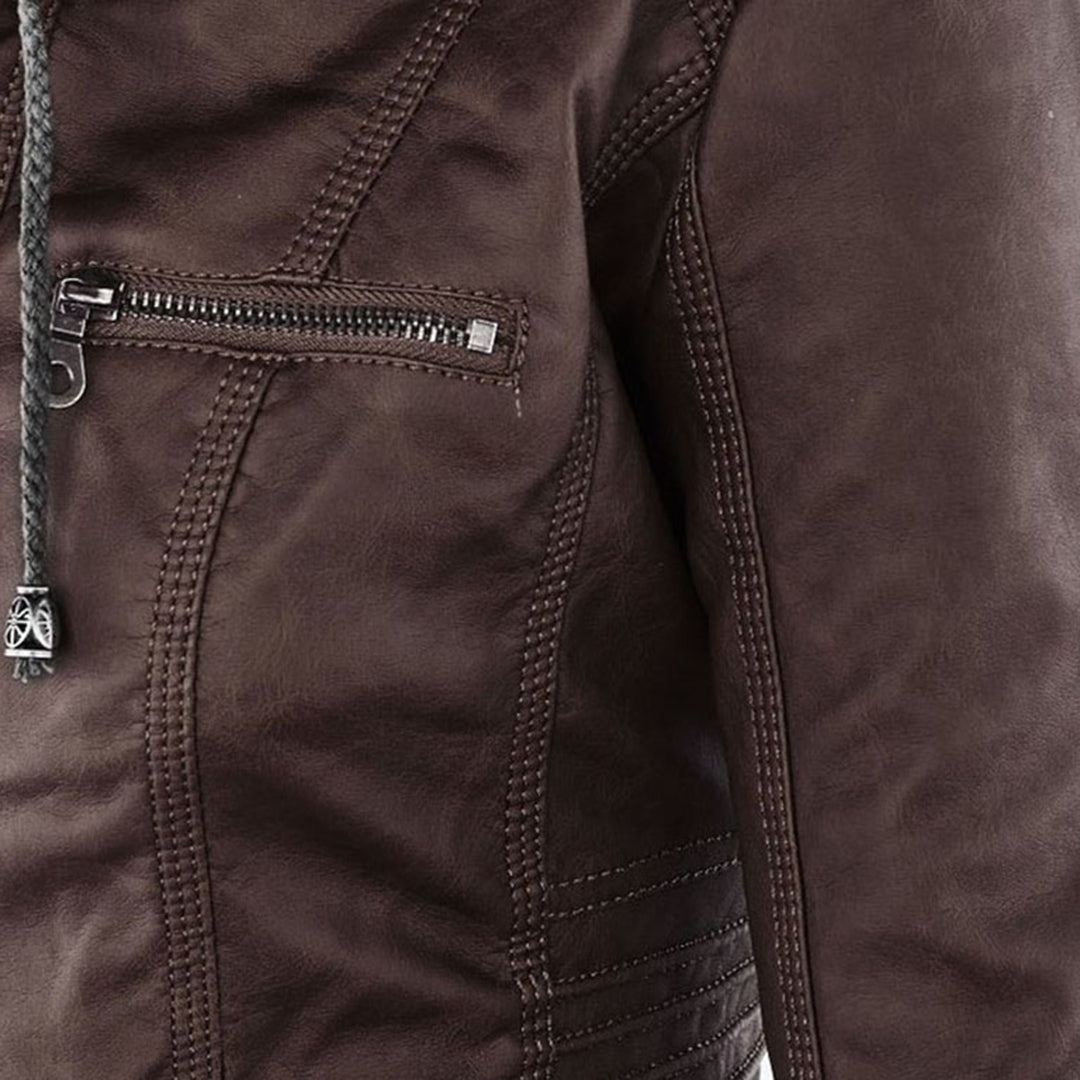 "Wetterfeste Damen Lederjacke mit Kapuze in Schwarz, klassisches Design, elegant und funktional für alle Jahreszeiten."