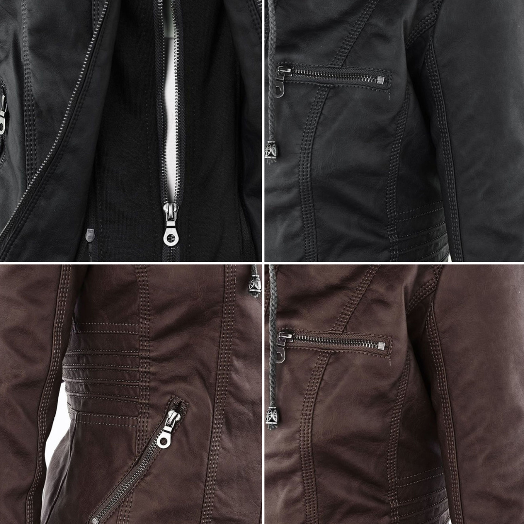 "Wetterfeste Damen Lederjacke mit Kapuze in Schwarz, klassisches Design, elegant und funktional für alle Jahreszeiten."
