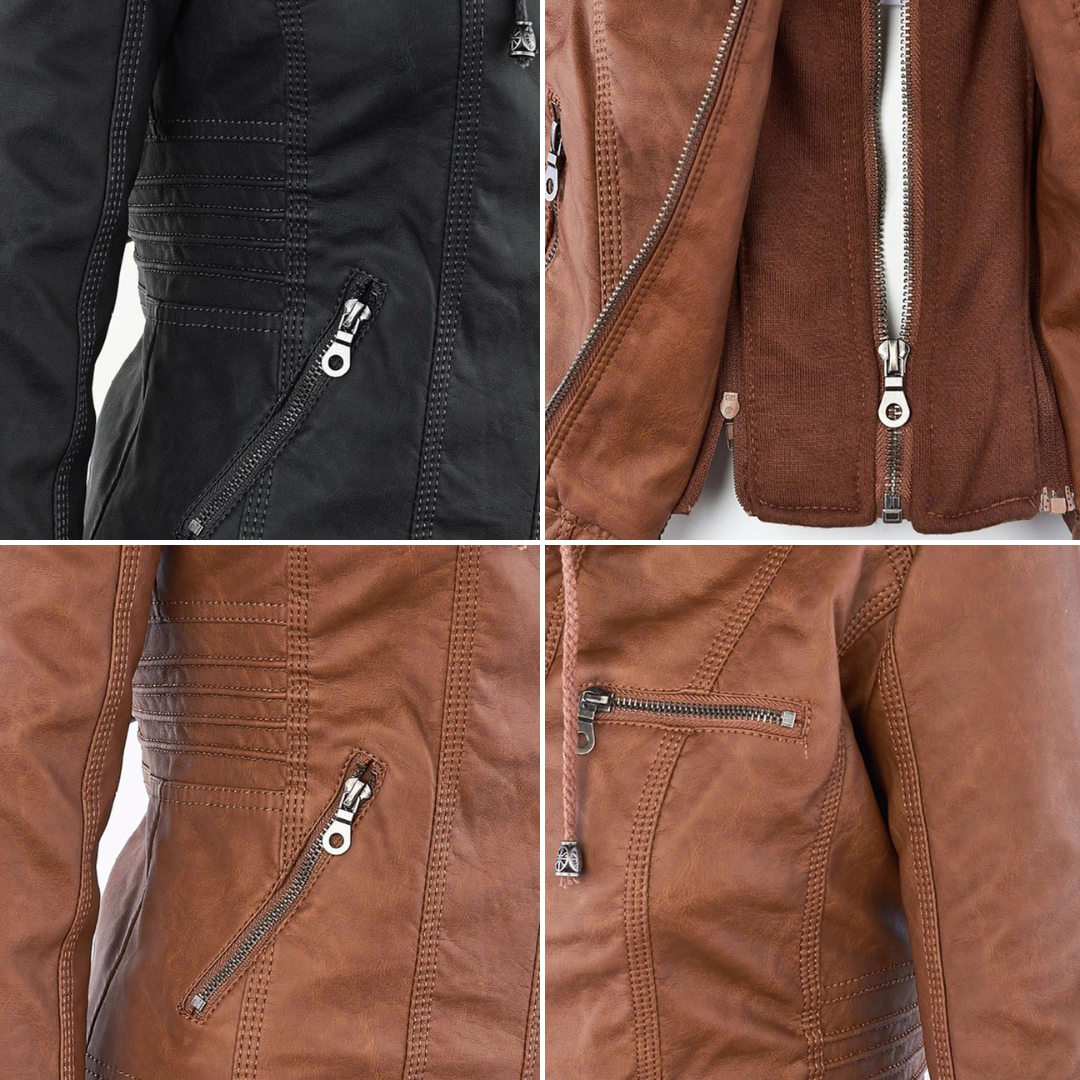 "Wetterfeste Damen Lederjacke mit Kapuze in Schwarz, klassisches Design, elegant und funktional für alle Jahreszeiten."