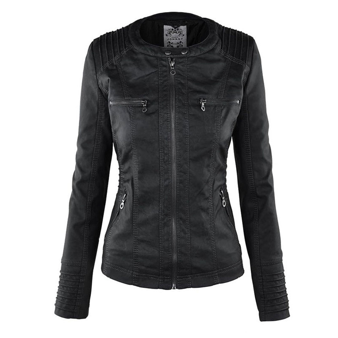 "Wetterfeste Damen Lederjacke mit Kapuze in Schwarz, klassisches Design, elegant und funktional für alle Jahreszeiten."